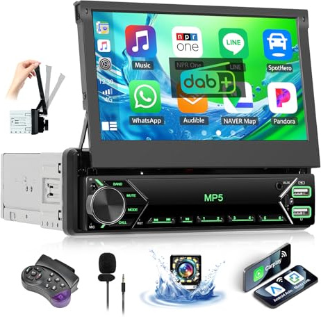 OiLiehu Dab+ Radio 1 DIN con CarPlay Android Auto Inalámbrico, 7 IPS Pantalla Retráctil Manual Radio para Coche con Enlace Espejo, Bluetooth, FM/Dab, SWC, AUX, EQ, USB, Tipo-C, Camara Marcha Atras