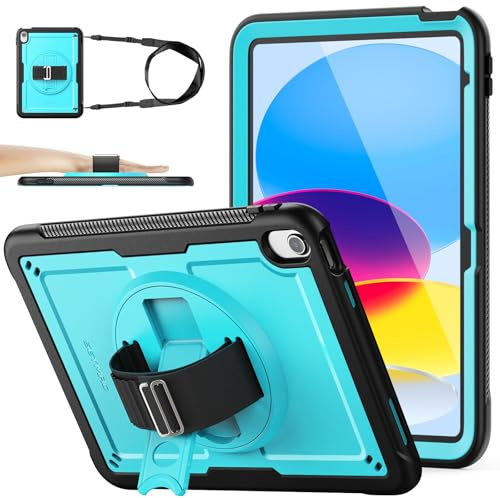 SEYMAC stock Funda para iPad A16 11ª/10ª Generación 11''/10,9'' 2025/2022, Funda Resistente con Protector de Pantalla [Soporte/Correa de Mano Giratorio de 360°] y Bandolera, Negro/Azul Claro