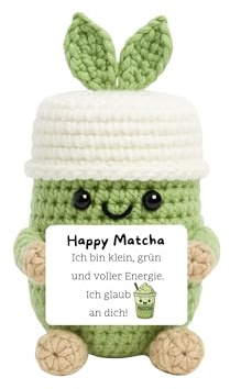 Mutzauber- Happy Strickfigur Matcha – Pocket Hug Figur Glücksfigur Tee Geschenk Matcha Lover Tumbler | Süßes Motivationsgeschenk & Glücksbringer für Prüfungen, Mutmacher (Matcha Einzeln)
