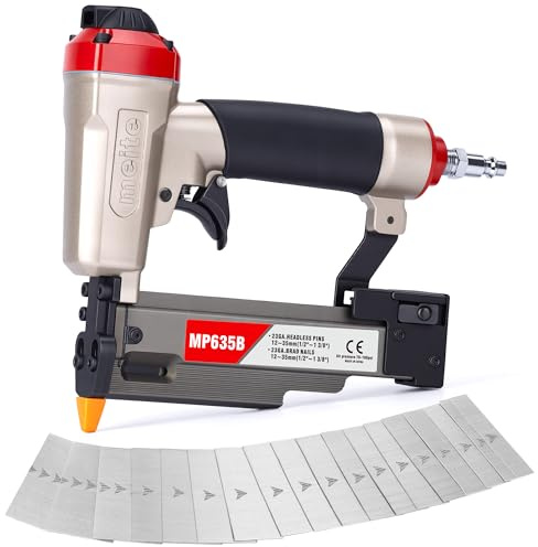 meite MP635B Druckluft Stiftnagler mit 23 Ga 6.000 Stück Stiftnägeln (12mm,15mm, 19mm,25mm, 30mm,35mm), Druckluft Agelpistole für 12–35 mm Kopflose Stifte, Kompakte für Zierleisten