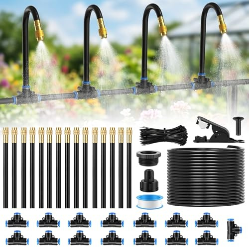 YAOBLUESEA Kit di Irrigazione Nebulizzata 360° Curvo 15m, Tubo PE+PP, Ugello in Ottone Regolabile, Sistema Goccia per Giardino Serra Balcone Orto