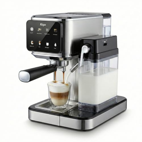 Cafetera Espresso 20 Bares Semiautomatica Cappuccino Latte Thermoblock Pantalla Tactil Vaporizador Leche Deposito 1L Portafiltros Molido Frio Caliente Acero Inoxidable Calientatazas Goteo Doble Salida