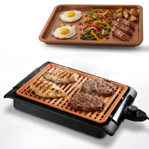 STARLYF Barbecue elettrico Smokefree Grill Cooper + Piatto extra - Barbecue Elettrico da Tavolo Senza Fumo, 1250W | Bistecchiera con Rivestimento in Rame Antiaderente | Temperatura Regolabile