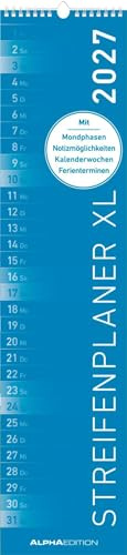 Streifenplaner XL BLAU 2027: schmaler Wandplaner 15x64 cm mit farblich markierten Wochenenden, Feiertagen & Mondphasen, ideal für Haushalt, Familie & Büro | schmaler Wandplaner 15x64 cm mit farblich markierten Wochenenden, Feiertagen & Mondphasen, ideal für Haushalt, Familie & Büro