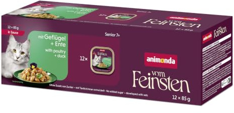 animonda vom Feinsten Senior Katzenfutter Geflügel+Ente in Sauce(12 x 85g) | Nassfutter für ältere Katzen ab 7 Jahren, Katzenfutter nass in Sauce ohne Zucker, Portionsschale á 85g