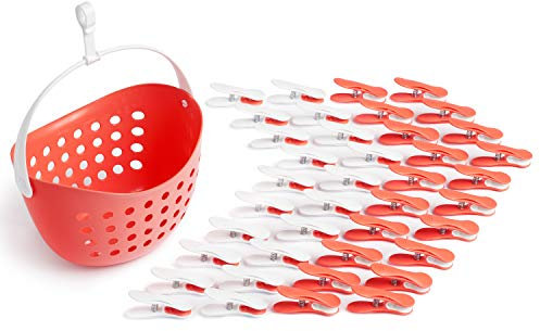 culiclean Pince a Linge Soft Clips – Panier Epingle a Linge – Fabriqué en France – Corail-Blanc avec Panier Corail – Lot de 40 Pinces + 1 Panier