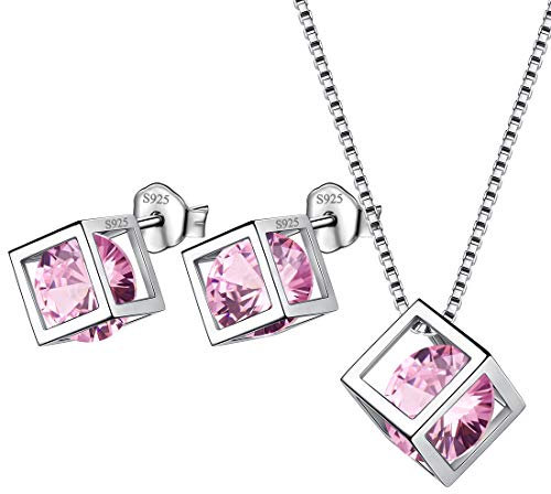 Aurora Tears Oktober Birthstone Halskette Ohrstecker 925 Sterling Silber Pink Turmalin Square Birth Stone Schmuck Set Geschenke für Frauen und Mädchen DS0028O