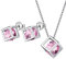 Aurora Tears Oktober Birthstone Halskette Ohrstecker 925 Sterling Silber Pink Turmalin Square Birth Stone Schmuck Set Geschenke für Frauen und Mädchen DS0028O