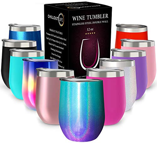 CHILLOUT LIFE Vaso de acero inoxidable de 12 onzas con tapa y caja de regalo, vaso de vino de doble pared aislado al vacío, vaso de viaje para café, vino, cócteles, helado, sirena brillante