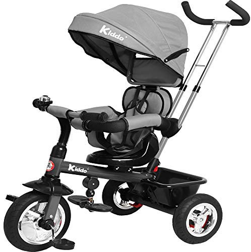 Kiddo Smart 4 in 1 Kids Children Trike Tricycle with Rotating Seat, Rear Brake and Sun Canopy (Grey)