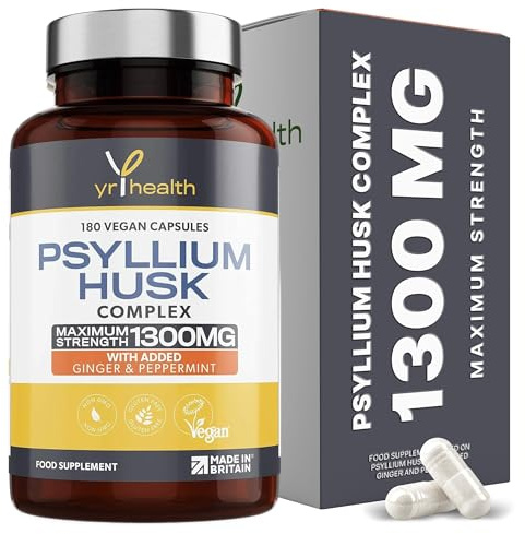 Psyllium Husk Capsules High Strength 1300mg Vegan UK Supplement | Includes Peppermint and Ginger for gentle digestion