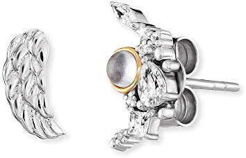 Engelsrufer Damen Ohrstecker Flügel und Moonlight Bicolor aus Sterling Silber - besetzt mit Zirkonia Steinen und Mondstein - Steckverschluss - nickelfrei - 7,5mm