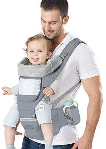 Azeekoom Babytrage Ergonomischemit Hüftsitz, Baumwolle Kindertrage Dorsal und Ventral, Leicht Atmungsaktive, Verstellbare Kopfstütze für Babys und Kinder von 0 bis 48 Monat (3,5 bis 25 kg)