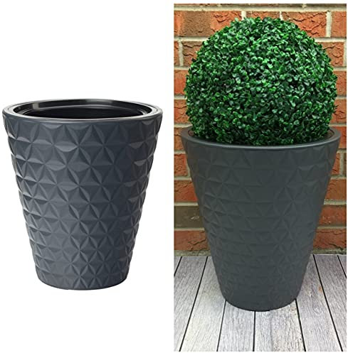 Macetero de color antracita, diamante, redondo, fino, efecto 3D, maceta insertada L, macetas