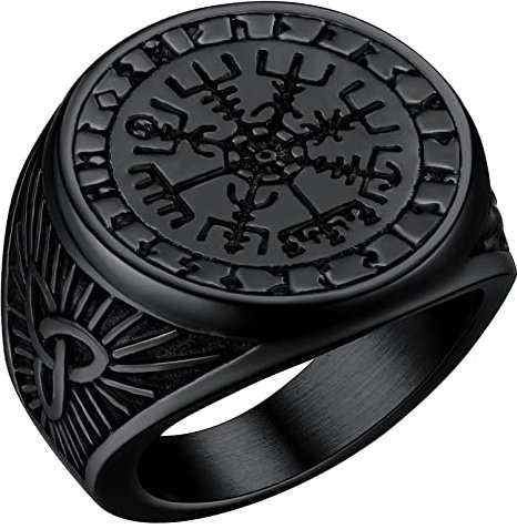 FaithHeart Black Rings for Young Boys Stainless Steel Viking Vegvisir Compass Punk Biker Ring Size O Talisman of Protection Finger Jewelry
