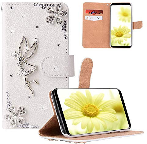Artfeel Glitzer Brieftasche Hülle Kompatibel mit iPhone 13 Pro Max 6.7 Zoll,Mädchen Frauen Weiß Leder Geldbörse Handyhülle Glänzend Diamant Bling Kristall Strass 3D Engel Blume Hülle
