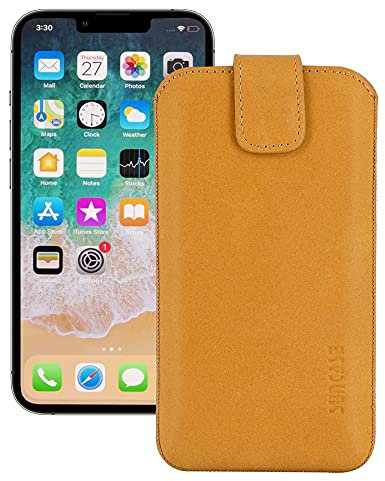 Suncase ECHT Leder Tasche kompatibel mit iPhone 13 PRO (6,1 Zoll) mit ZUSÄTZLICHER Transparent Hülle | Schale | Silikon Bumper Handytasche (mit Rückzugsfunktion und Magnetverschluss) in antik Camel