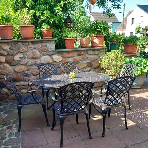Lazy Susan Ovaler June Gartentisch | Sandguss-Aluminium | Wetterfest | Rostfrei | Wartungsarm | 3 Jahre Garantie | Antik Bronze (6 x Emma Stühlen)