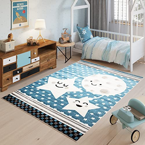 TAPISO Fiesta Teppich Kurzflor Kinder Blau Schwarz Weiß Mond Sterne Himmel Kinderzimmer Jugendzimmer Spielmatte Modern Design 80 x 150 cm