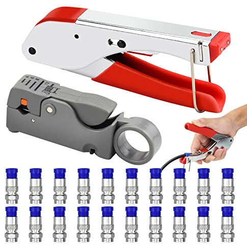 ALFFREUDE Kompressionszange Set Crimpzange Abisolierwerkzeug RG59/RG6 Crimper Koaxialkabel Cable Stripper mit 20 Stück Kompressions-F-Stecker für SAT Kabel, Koaxialkabel