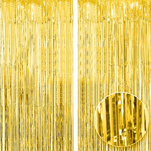 2pcs 3ft X 8.3ft Gold Metallic Tinsel Curtains Aluminum Foil Flow Silk Curtain Background Streamer Birthday Party Wedding Holiday Backdrop Decoration