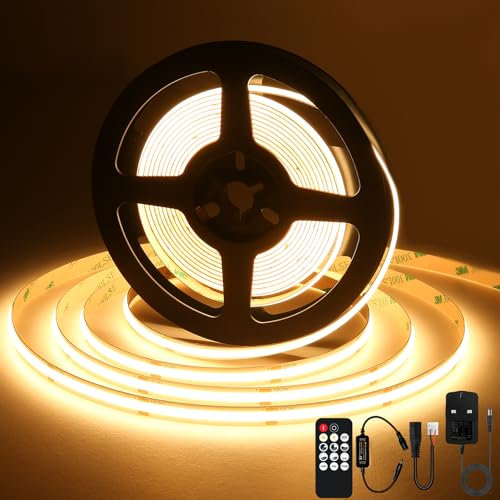 SIRYYUI COB LED Strip Lights 5M,Warm White 2700K Dimmable LED Strip Kit,2400 LEDs,8mm Width,Super Bright DC24V Tape Lights,CRI90+with RF Remote and Power Supply for DIY Home Decoration