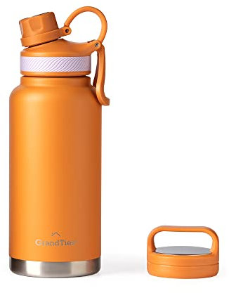 GrandTies 2 Lids Sports Stainless Steel Water Bottle - 946 ml, Reusable Wide Neck Vacuum Insulated Water Bottles, Travel Metal Rabbit, Coldest Water Bottle for Men and Women (Carrot, 32