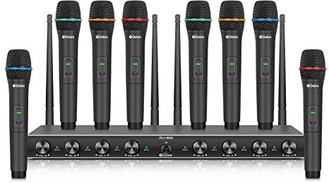 Debra Audio AU800 Pro - Système de Microphone sans Fil UHF 8 Canaux avec 8 Micros Portatifs et Récepteur Métallique - Idéal pour Karaoké, Églises, Mariages et Événements (8 Microphones à Main)