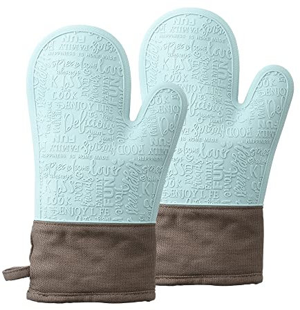 Domonic Home Oven Mitts, Silicone Oven Mitts Heat Resistant 600F, Silicone Oven Gloves Soft Lining Good Grip, Funny Kitchen Oven Mitt Set Pair, Aqua