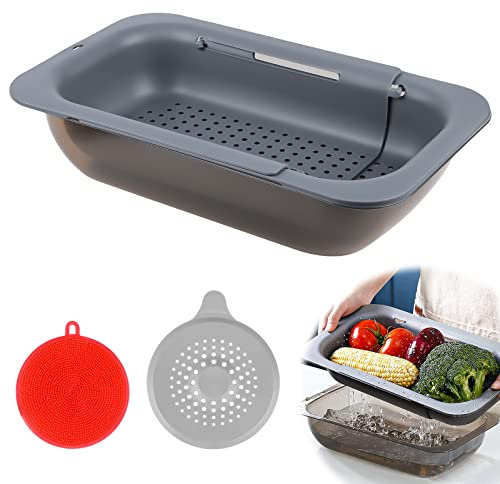 4 in 1 Colino Cestello Lavello Estensibile 34 a 47cm Colino per Lavello da Cucina con Bacino d'Acqua in plastica, Filtri per lavello e Asciugapiatti per Lavare Frutta, Verdura, scolare la Pasta Cotta