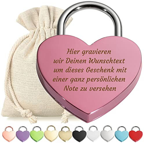 Herz Liebes-Schloss Bügelschloss Vorhängeschloss Pink Gravur mit Schlüssel - Wunschtext - Metall eloxiert - Geschenkbeutel - Geschenk Liebesgeschenk Valentinstag Jahrestag - Paar Ehepaar