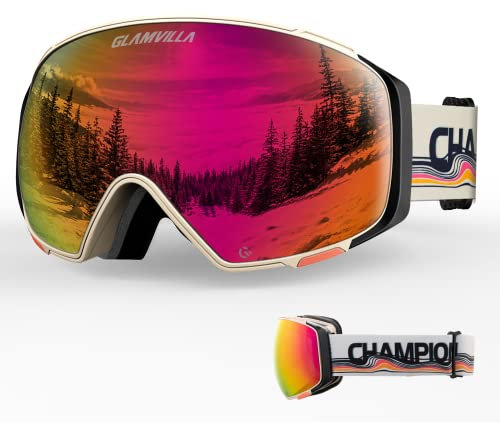 GLAMVILLA Skibrille für Herren und Damen, Unisex groß Schneebrille mit Magnetische Wechselglas für Brillenträger, 100% UV-Schutz Anti-Fog Ski Goggles(A5-Hellorange vlt18.9%)