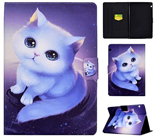 Vaitasy Funda Compatible con Huawei Mediapad T5 10.1 Pulgadas 2018, Flip Book Protectora Cover con Ranura para Tarjeta Carcasa para Huawei Mediapad T5 10.1 - Gato Blanco