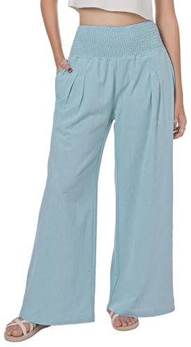 Lofbaz Damen Sommer Fließend Baumwolle Leinen Palazzo Weite Hosen Strand Hohe Taille Hose Boho Lange Loungehose mit Taschen Himmelblau XL