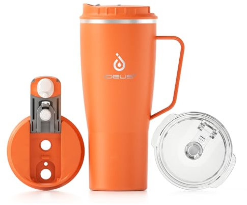 Ideus Trinkbecher mit Griff und Strohhalm, 100 % auslaufsicherer, isolierter Becher mit Deckel und Strohhalm, Geschenke für Teenager, Damen, Herren, Becherhalterfreundlich, Orange