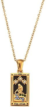 JT2D Colorful Tarot Cards Symbolic Necklaces, Sun and Moon Pendant,18k Gold Plated Stainless Steel Square Colorful Enamel Tarot Cards Pendant Necklace Jewelry for Women Men (The Star)