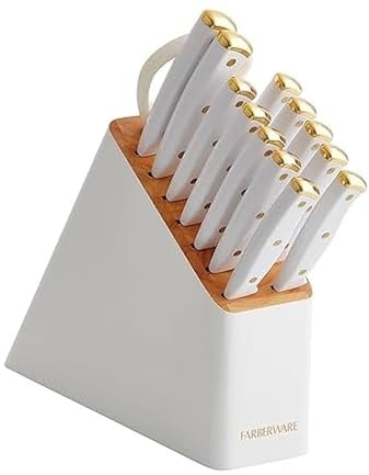 Farberware Dreifach genietetes Messerblock-Set, 14-teilig, Weiß und Gold | Messer aus kohlenstoffreichem Edelstahl mit goldfarbenen Dreifachnieten-Endkappengriffen und schlankem Holzaufbewahrungsblock