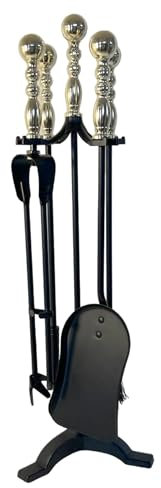 Large Brass Handled Metal 5-Piece Fireside Companion Set | Fire Companion Sets | Includes Stand, Brush, Tongs, Poker, and Shovel | 61cm high | Wood Burner Set | Fireside Tools Accessories