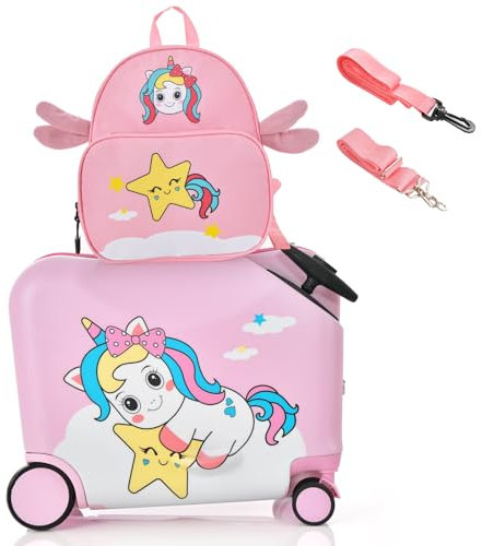 GOPLUS Kinderkoffer mit Rucksack, Kids Trolley, Kindergepäck mit Rollen, Reisekoffer mit Teleskopgriff, Hartschalenkoffer für Kinder, Kindertrolley Farbwahl (Rosa-Einhorn, 12+18)