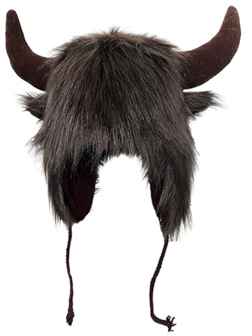 Monozoz Chapeau de buffle d'eau, bonnet cache-oreilles en peluche avec cornes – Chapeaux d'animaux, cache-oreilles moelleux, bonnet en fourrure pour hommes et femmes pour cosplay, Halloween, Noël,
