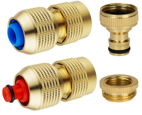Wisdomgarden 4Pcs Brass Garden Hose Quick Connectors, Hose Stop with Shut Off-Red, Hose Tap Connector-Blue, 1/2 Inch & 3/4 Inch, 4 Count