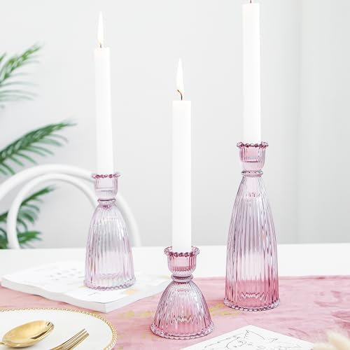 Amanman Candle Stick Candle Holder, 2024 Glass Candle Holders for Table Centerpiece, Vintage Ribbed Candle Holder 3Pack for Home Decor, Wedding, Party (Prune)