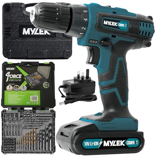 MYLEK Cordless Drill 18V, 1300 mAh Li-Ion Driver 28Nm, 1 Hour Quick Charge, 2 Speed, LED Work Light, Carry Case with Accessory Kit, Variable Speed with MYLEK 4ORCE Accessory Kit (50 Piece)