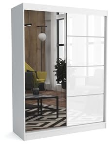 Brent - Kleiderschrank mit Spiegel Suzan, 160cm Breit, Schlafzimmerschrank mit 1 Kleiderstange und Einlegeböden für Kleidung, Kleiderschrank Weiß Matt/Weiß Hochglanz