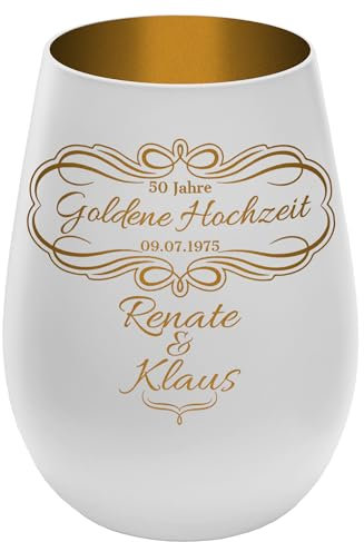 Windlicht mit Gravur ''50 Jahre Goldene Hochzeit'' - Weiß/Gold - Glas Teelichthalter personalisierbar mit Wunschtext - Geschenk zu Hochzeit Jahrestag Jubiläum