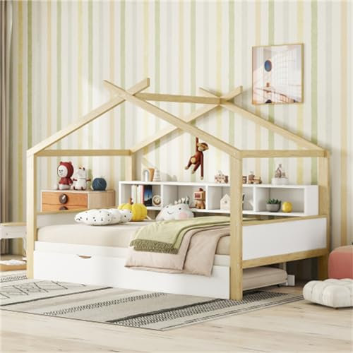 hrijusdif Kinder-hausbett Mit Ausziehbarem Rollbett, 140 X 200 cm, Inklusive 4 Schubladen, Konstruktion Aus Massivem Kiefernholz Und MDF, Perfekt Für Kinderzimmer