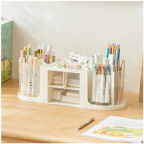 NUODWELL Double Rotating Desk Organiser with 3 Drawer, Desk Tidy Organiser | Large Capacity Desktop Stationary Storage Box with Pencil Holder for Office Home Art Supplies (White)