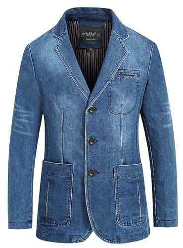 ABARTY Blazer pour Homme Coupe Régulière Veste en Jean Déchiré Col Cranté Classique Veste De Costume en Jean À Deux Boutons Manteau De Sport Décontracté Smoking avec Poche Bleu Clair XXL