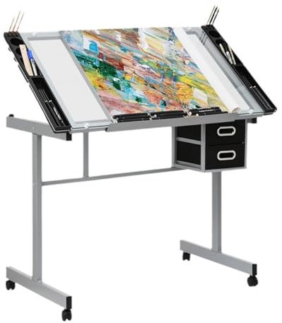 LYXXJRYBHD Zeichentisch, Leuchttisch, Verstellbarer Zeichentisch Mit Glasplatte, Architektentisch, 2 Schubladen Und Rollen für Das Homeoffice
