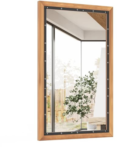 GOPLUS Wandspiegel, dekorativer Spiegel mit Holzrahmen, rechteckiger Spiegel, Hängespiegel für Wohnzimmer, Bad & Flur, Natur, 55 x 90 cm